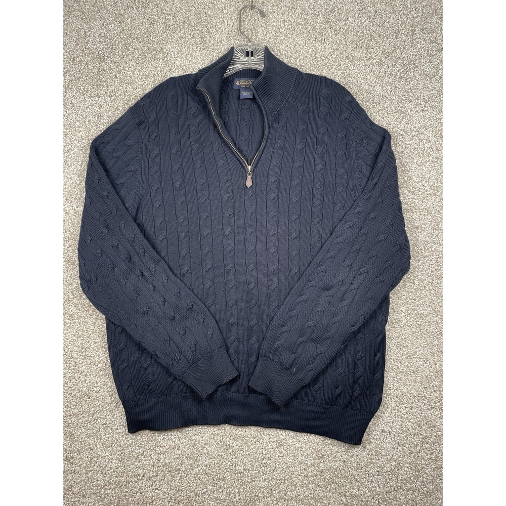 Brooks Brothers Mens Quarter-Zip Cable Knit Sweater Navy Blue Large 100% Cotton